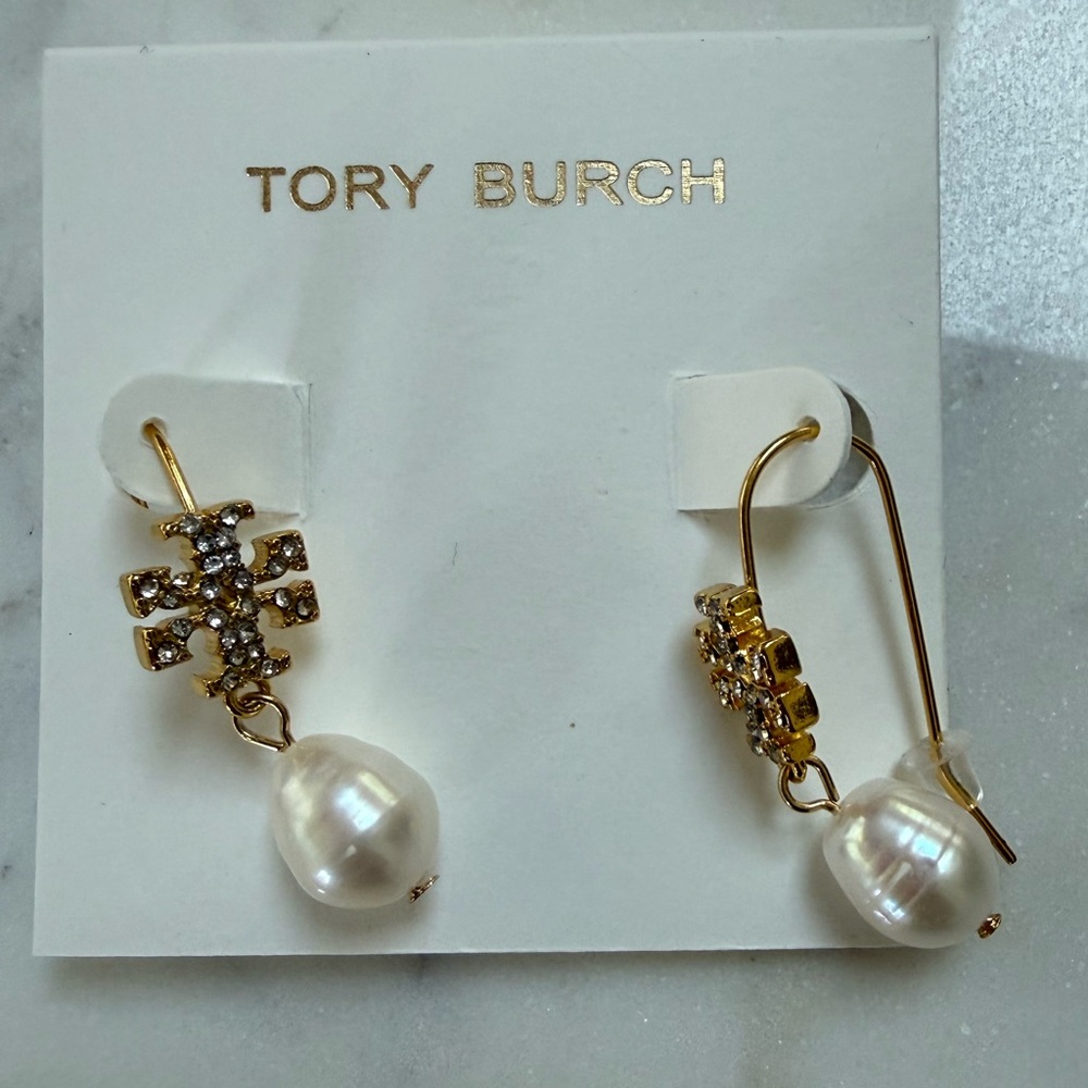 NEW Tory Burch Embellished Gold and Pearl Drop Earrings